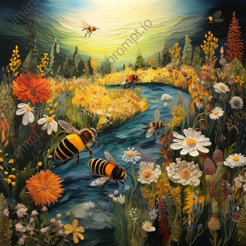 Eco-friendly textile depiction of a thriving bee colony with wildflowers, inspired by Impressionism - Image 2