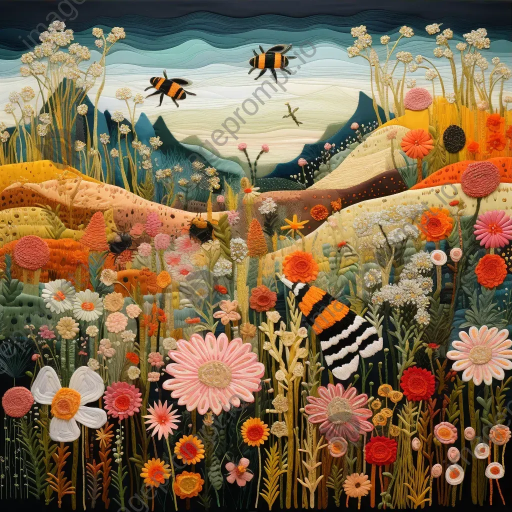 Eco-friendly textile depiction of a thriving bee colony with wildflowers, inspired by Impressionism - Image 3