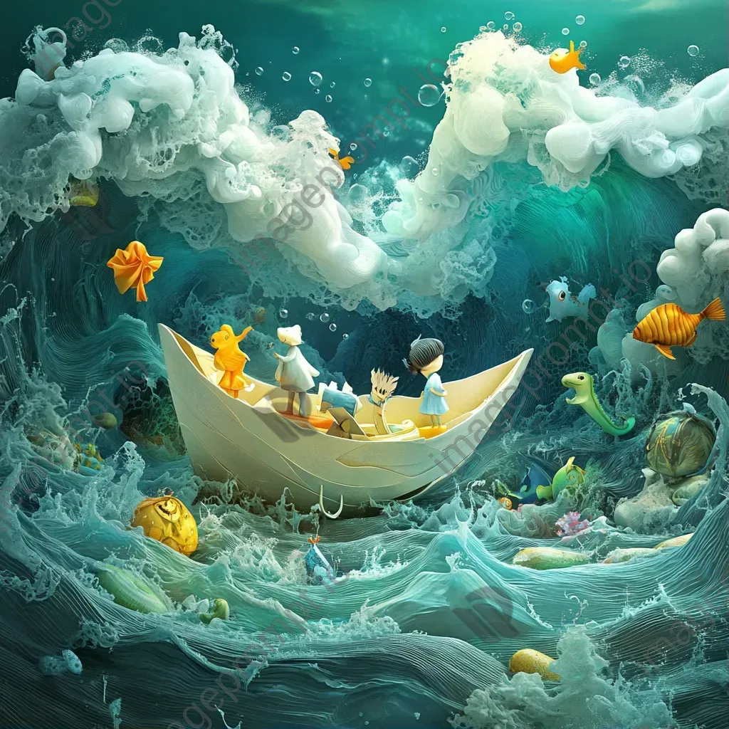 3D rendering of children on a paper boat sailing over sea creatures and sunken treasures - Image 1