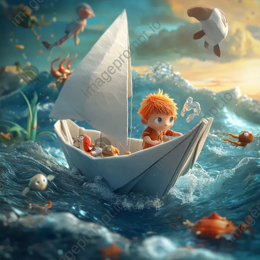 3D rendering of children on a paper boat sailing over sea creatures and sunken treasures - Image 2