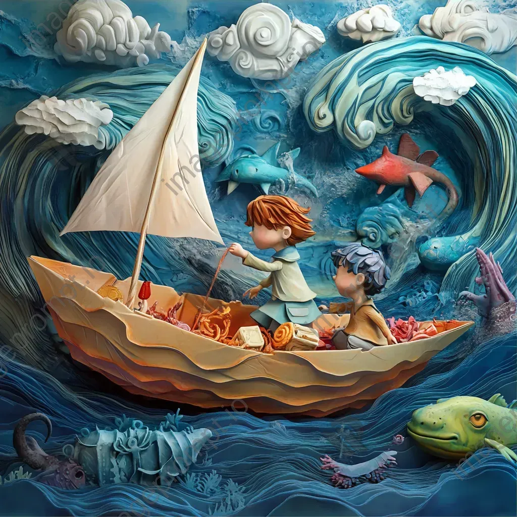 3D rendering of children on a paper boat sailing over sea creatures and sunken treasures - Image 3