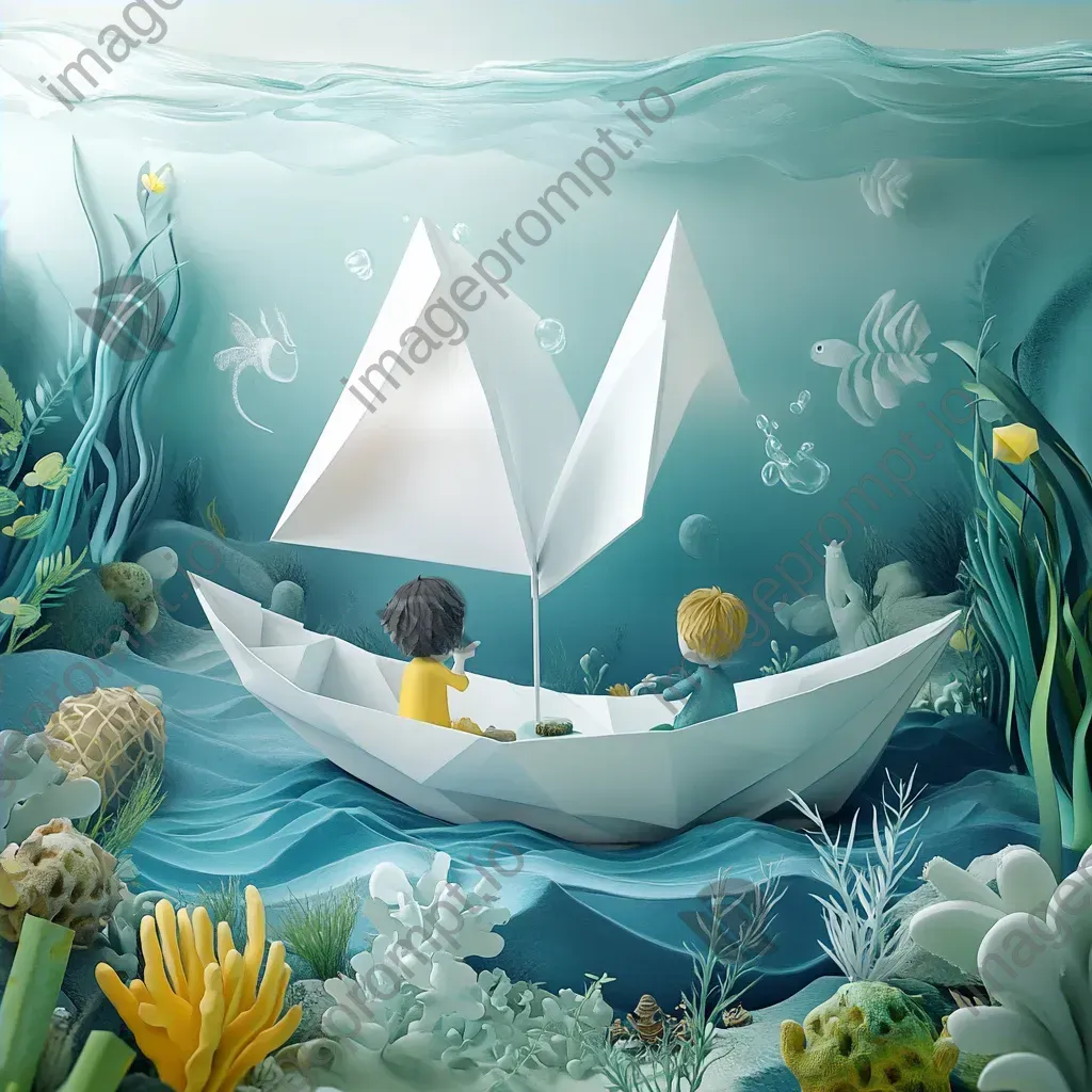 3D rendering of children on a paper boat sailing over sea creatures and sunken treasures - Image 4