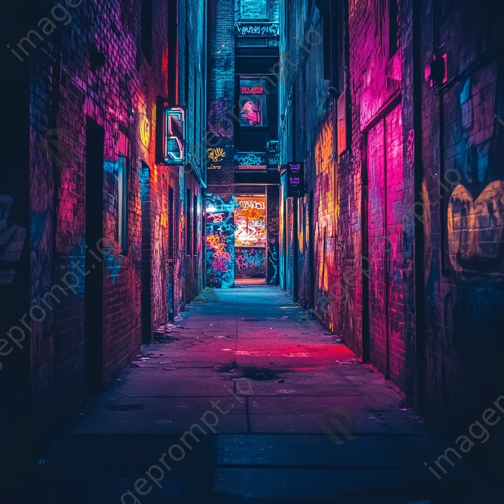 Alley with vibrant neon graffiti and glowing street art - Image 1