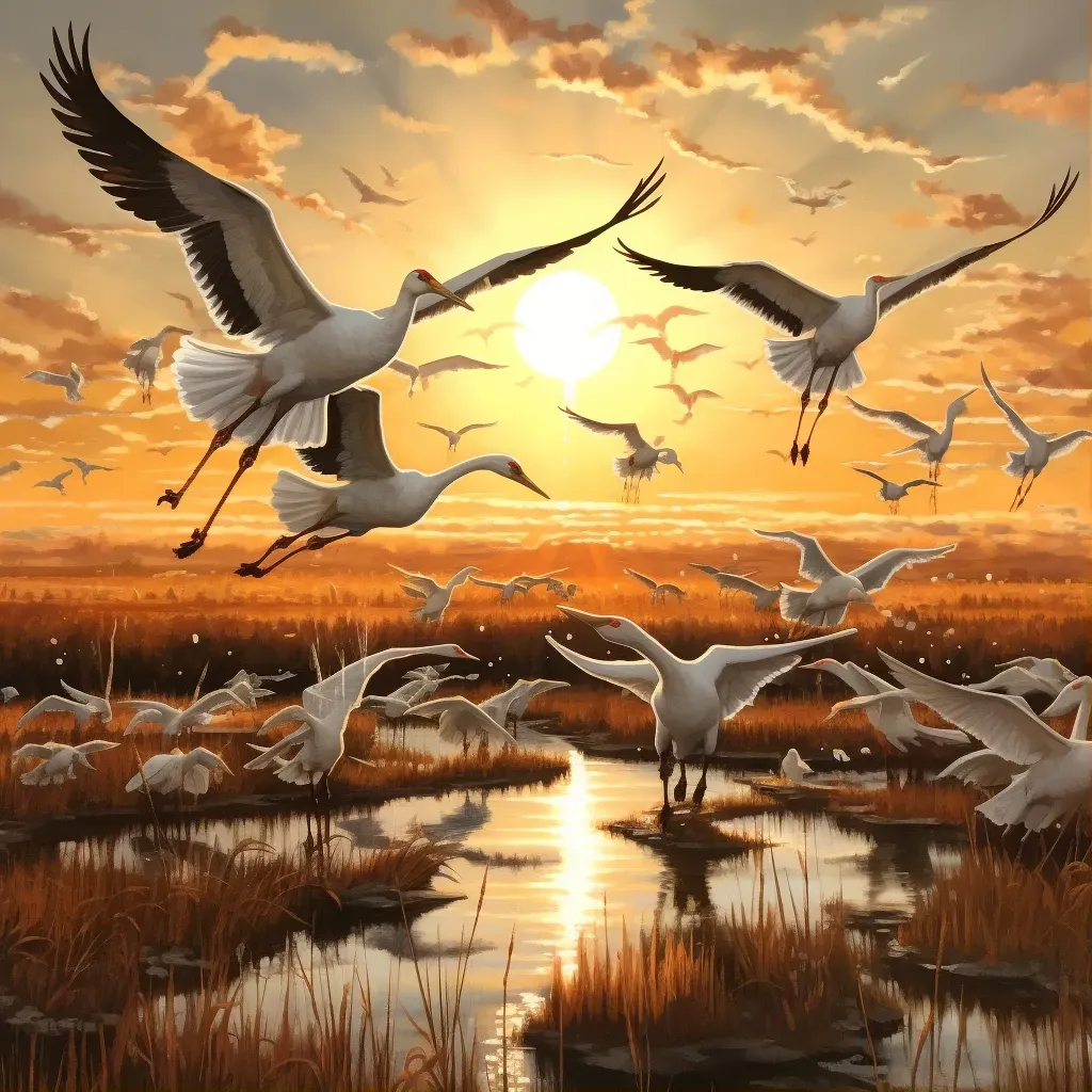 Whooping Cranes flying against sunset sky, casting long shadows - Image 1