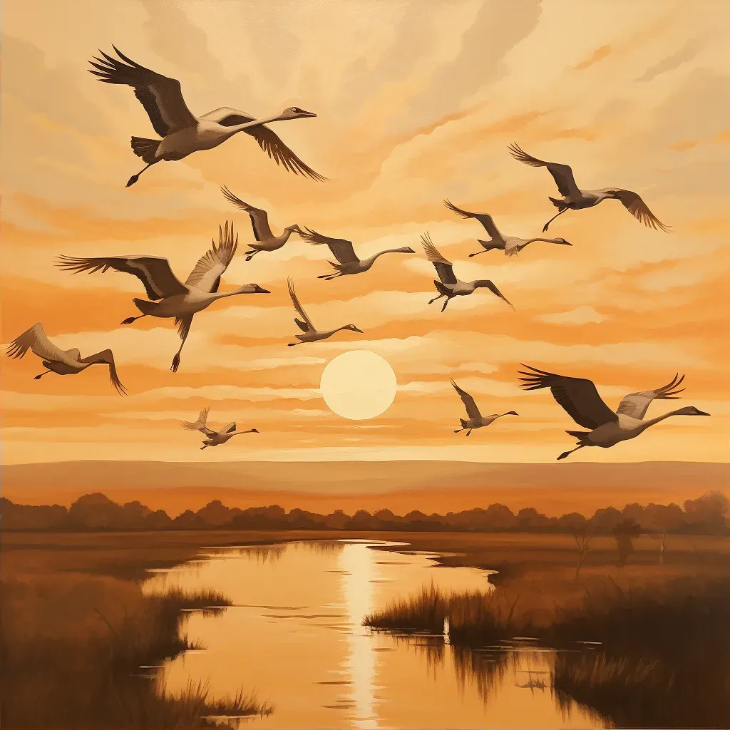 Whooping Cranes flying against sunset sky, casting long shadows - Image 2