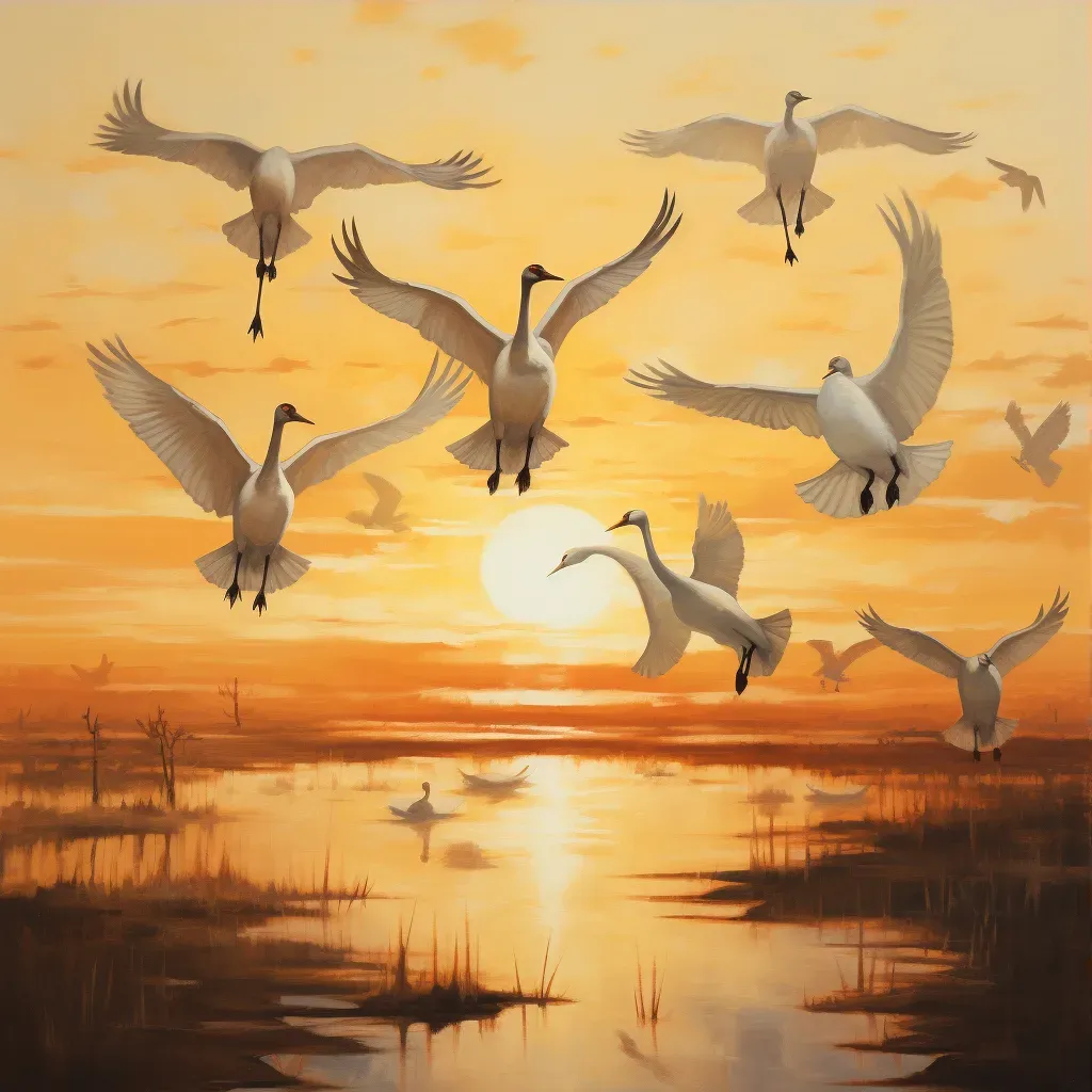 Whooping Cranes flying against sunset sky, casting long shadows - Image 3