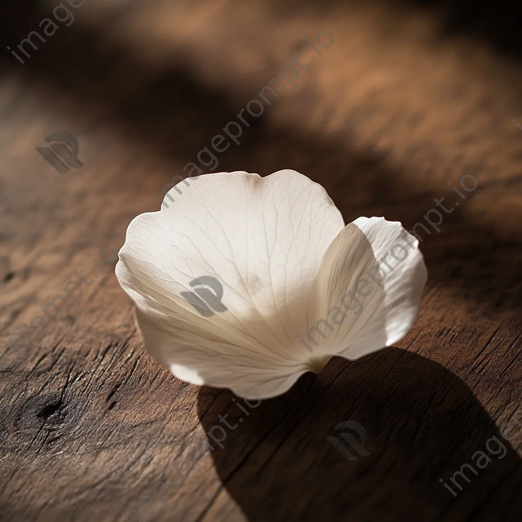 Single white flower petal resting on textured wood surface. - Image 1