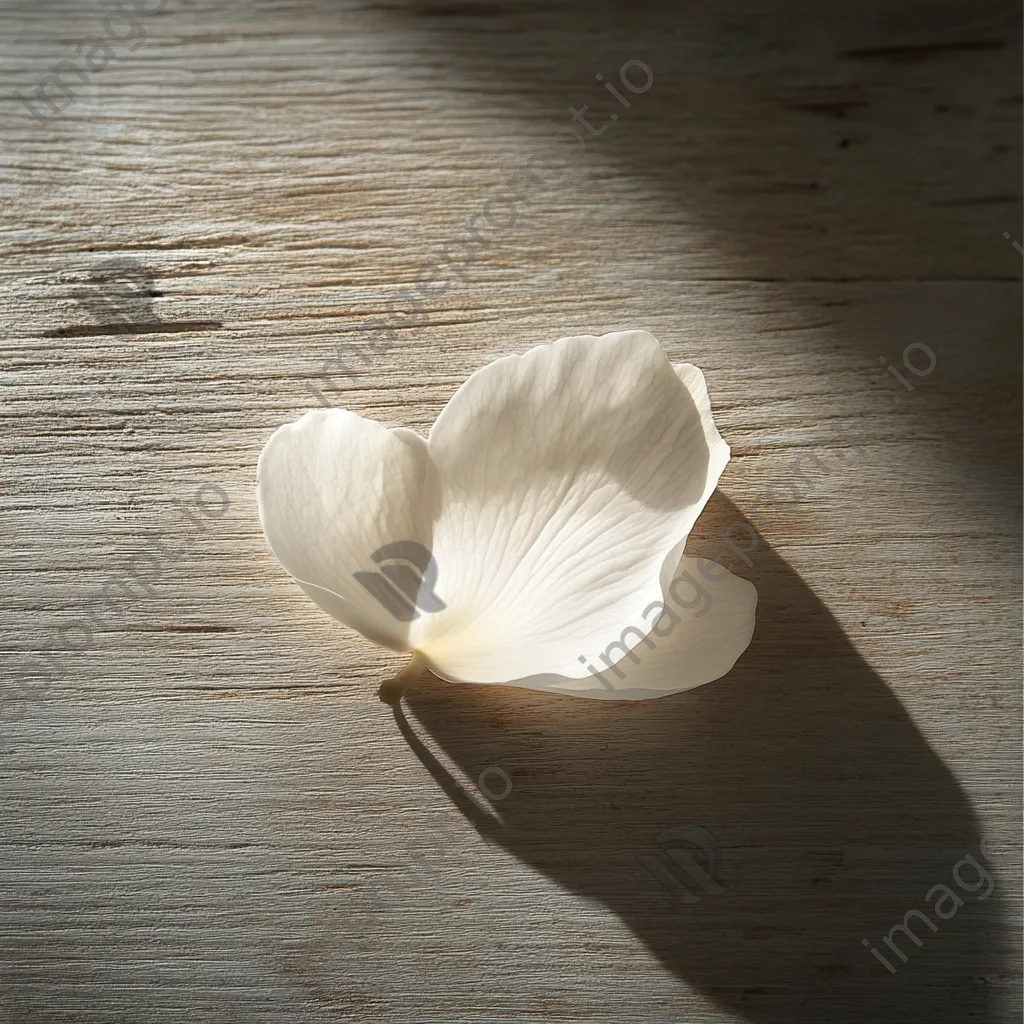 Single white flower petal resting on textured wood surface. - Image 2