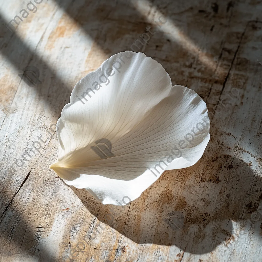 Single white flower petal resting on textured wood surface. - Image 3