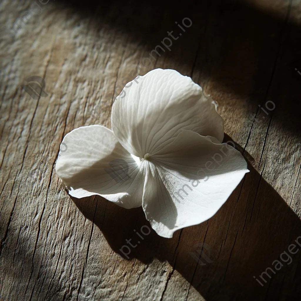 Single white flower petal resting on textured wood surface. - Image 4