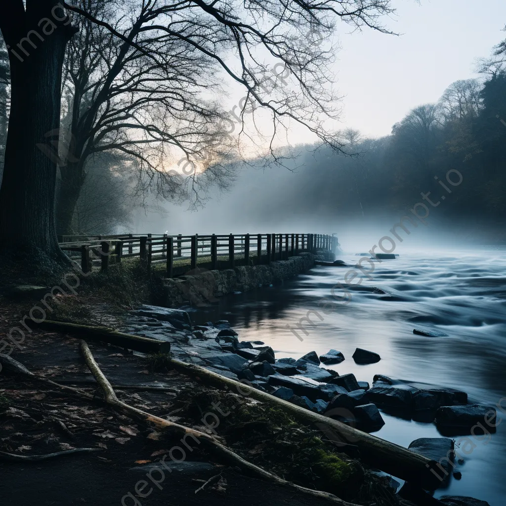 Misty morning view of traditional weir on a river - Image 4