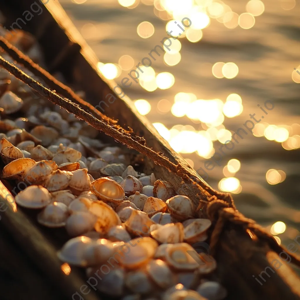 Pearl shells arranged on fishing boat at golden hour - Image 1