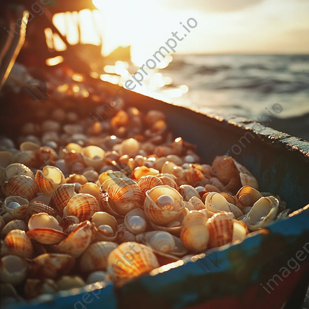 Pearl shells arranged on fishing boat at golden hour - Image 2