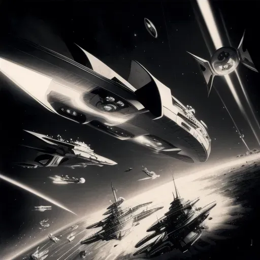 Illustration of a space battle with starfighters and capital ships under a glowing nebula - Image 4