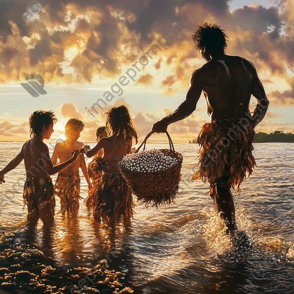 Pearl diver returning to shore with family at sunset - Image 2