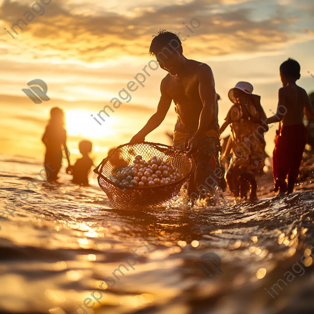 Pearl diver returning to shore with family at sunset - Image 3