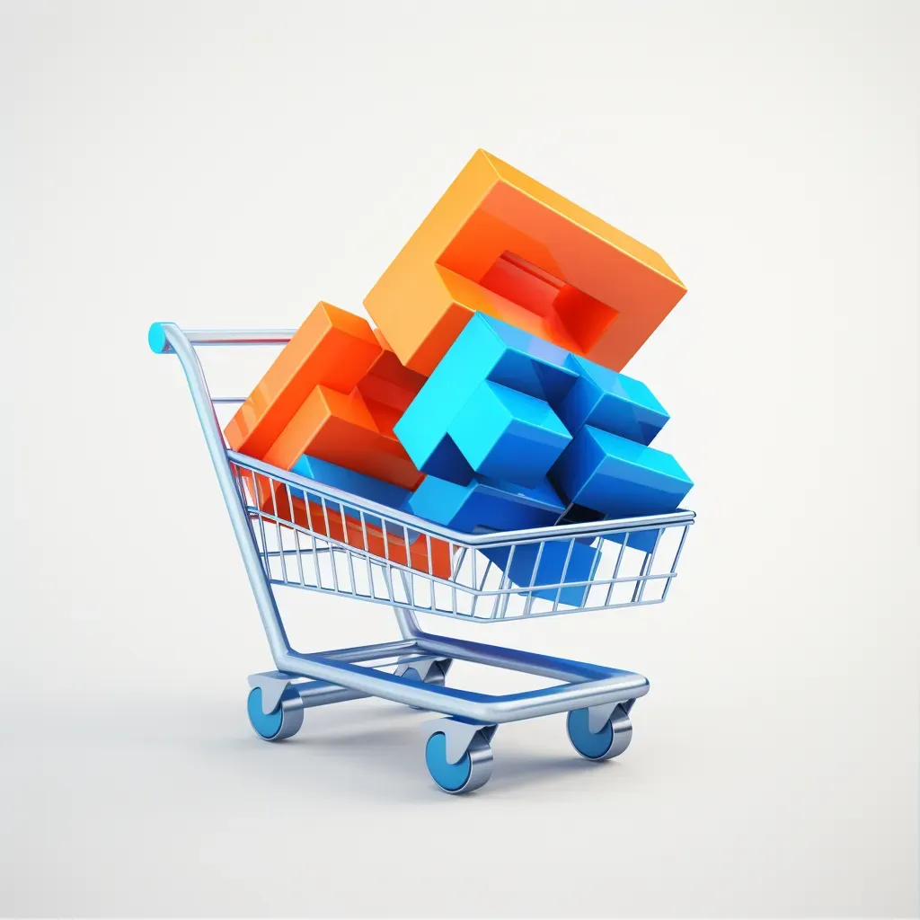 3D cube icon with a shopping cart in blue and orange on a white background - Image 1