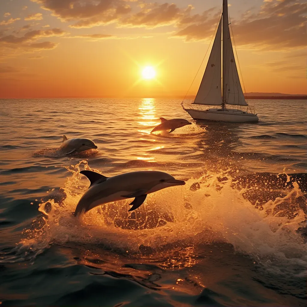 Playful dolphins leaping next to a sailboat in the golden sunset light - Image 1