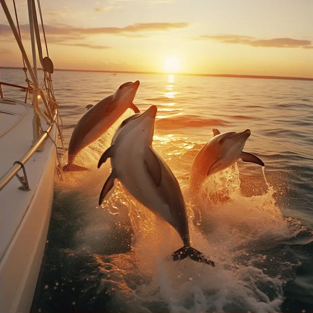 Playful dolphins leaping next to a sailboat in the golden sunset light - Image 2