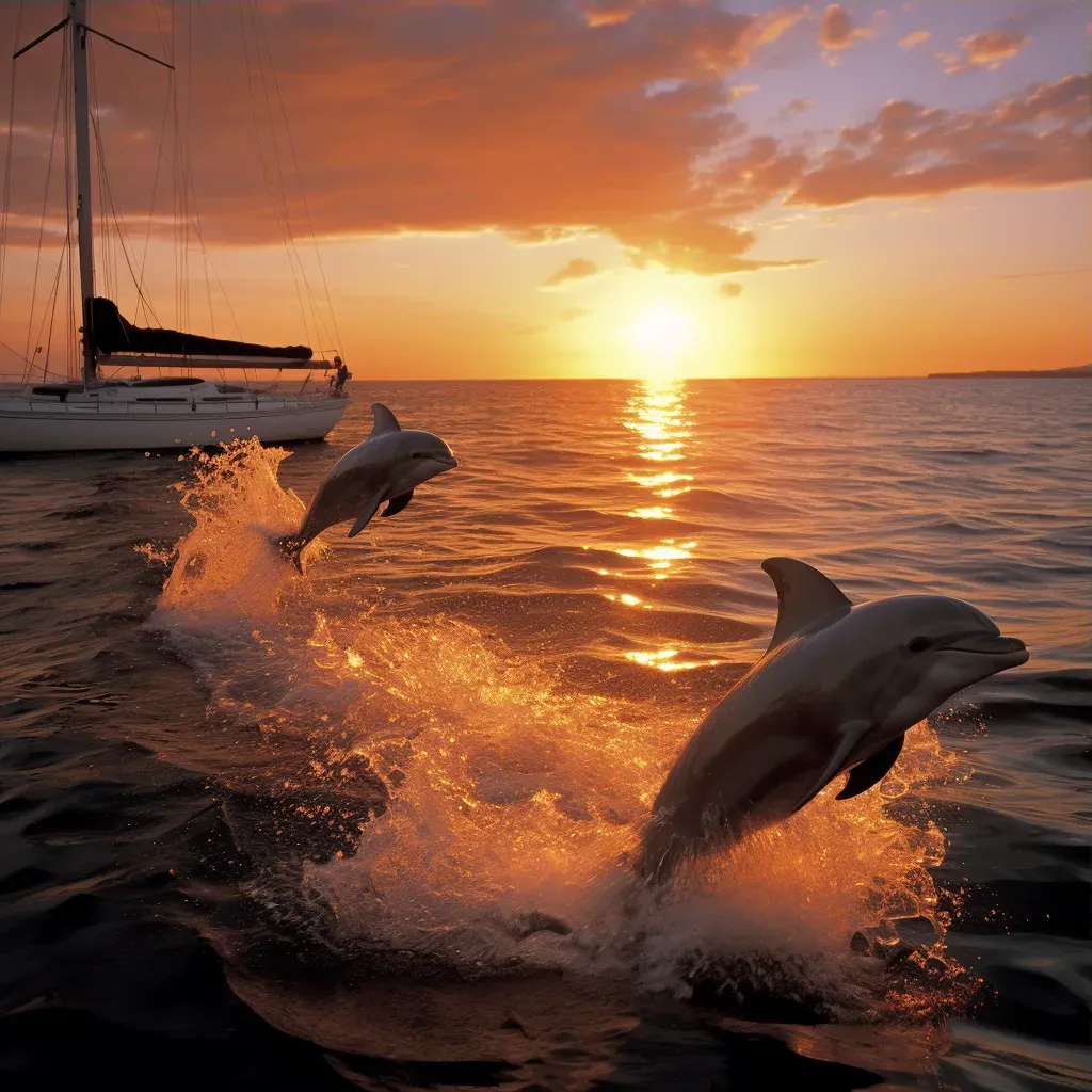 Playful dolphins leaping next to a sailboat in the golden sunset light - Image 3