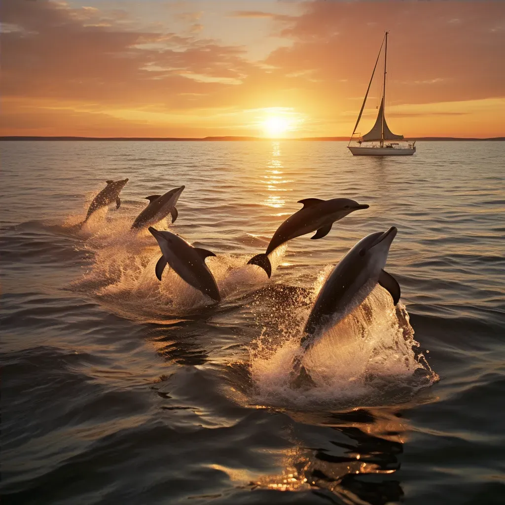 Playful dolphins leaping next to a sailboat in the golden sunset light - Image 4