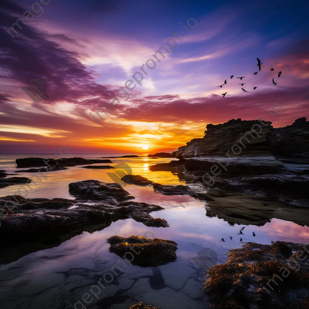 Vibrant rock pools at sunset with flying seagulls - Image 1