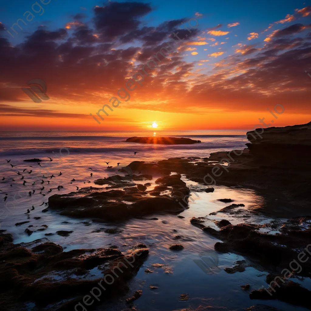 Vibrant rock pools at sunset with flying seagulls - Image 2