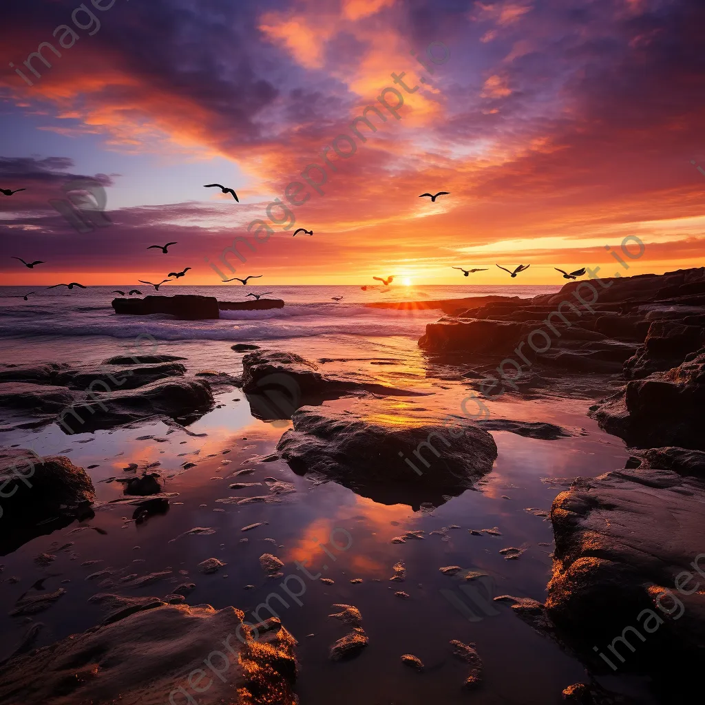 Vibrant rock pools at sunset with flying seagulls - Image 3