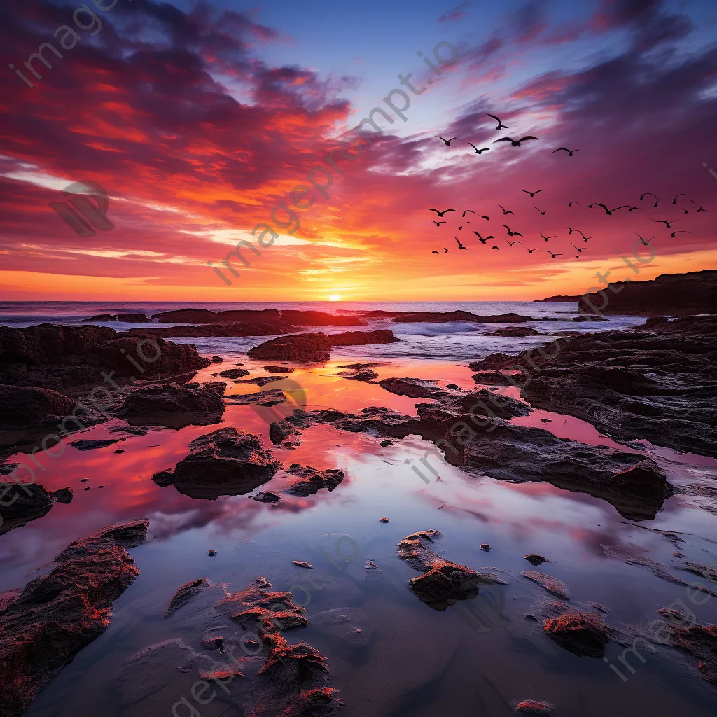 Vibrant rock pools at sunset with flying seagulls - Image 4