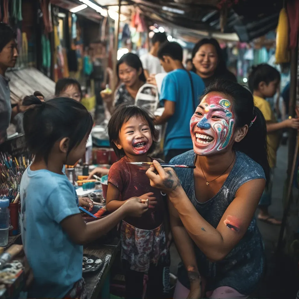 Face-painting artist creating colorful masterpieces in an outdoor market - Image 1