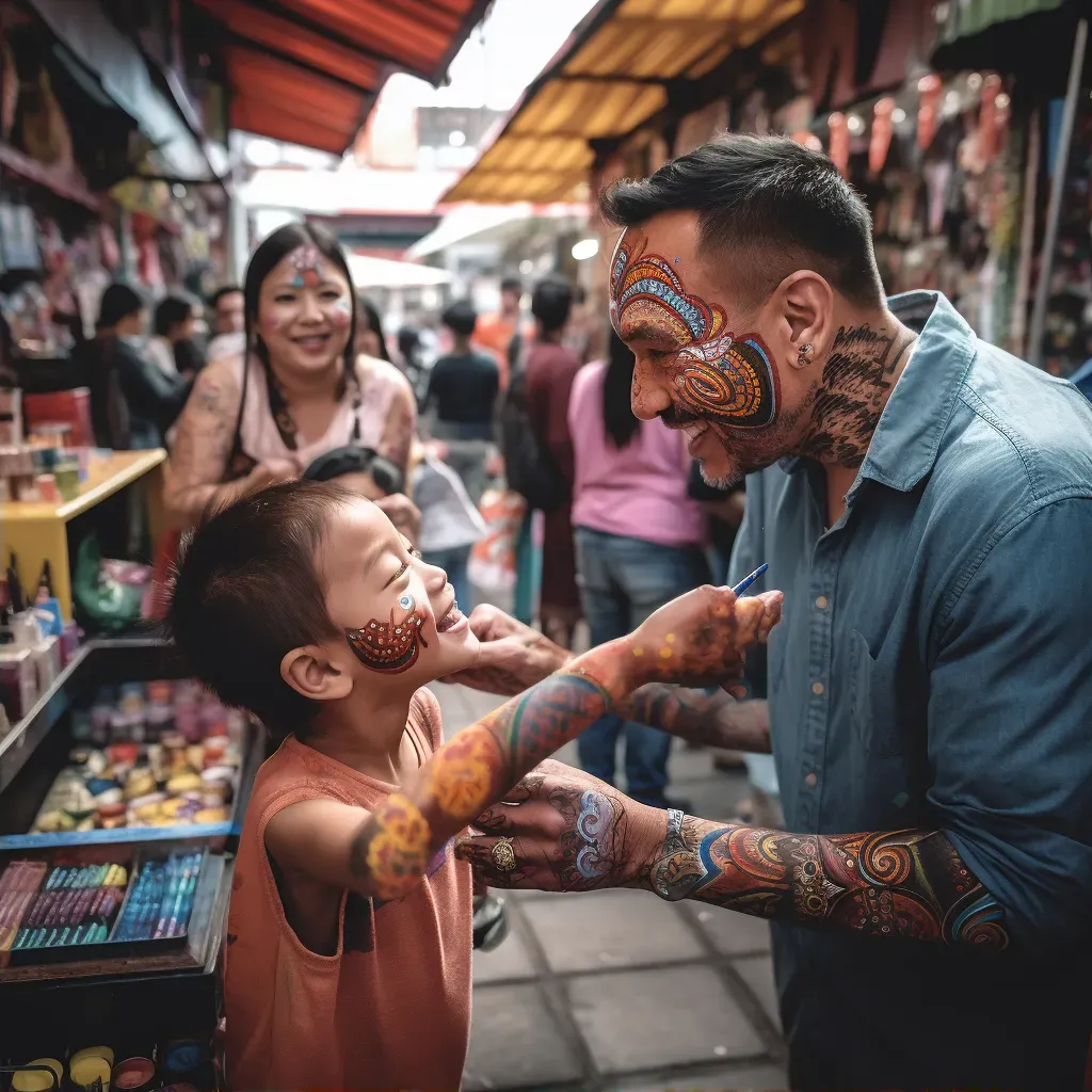 Face-painting artist creating colorful masterpieces in an outdoor market - Image 2