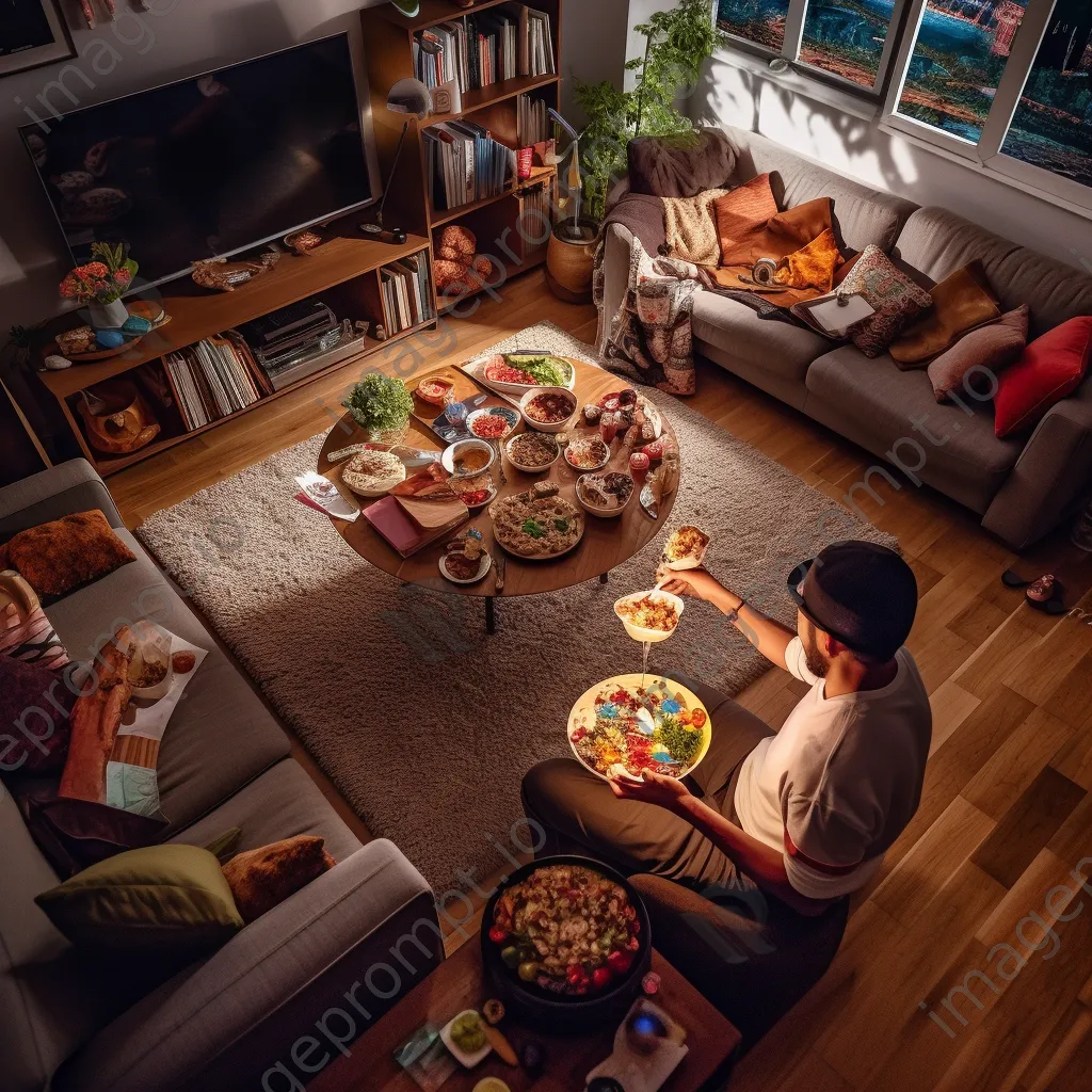 Aerial view of a person using VR in a cozy living room. - Image 1