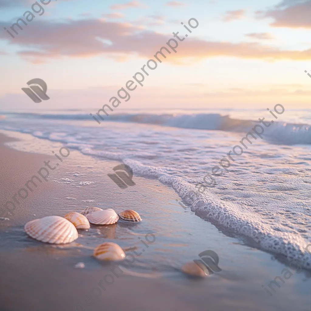 Peaceful beach scene at dawn with soft pastel skies, gentle waves, and seashells on the wet sand. - Image 1