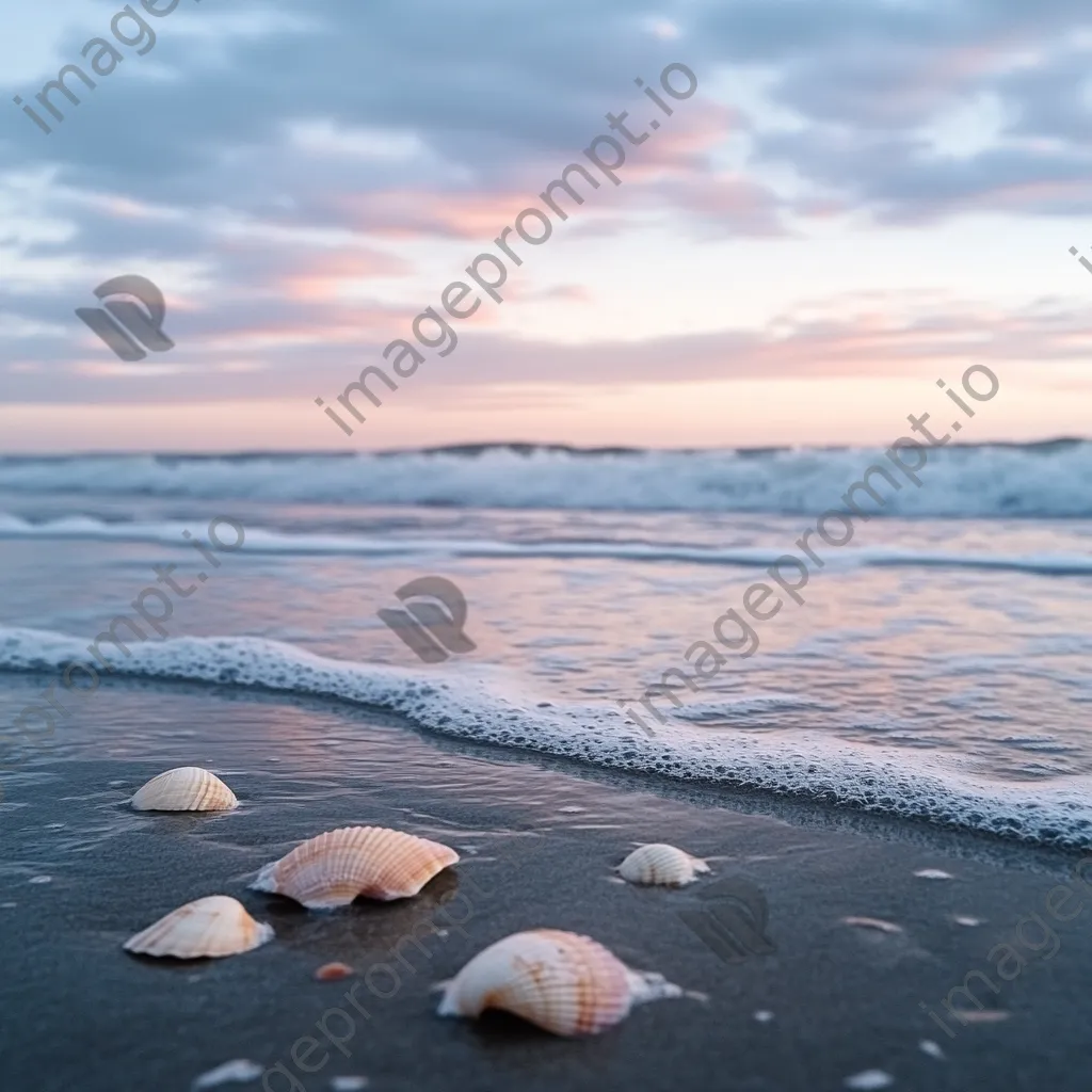 Peaceful beach scene at dawn with soft pastel skies, gentle waves, and seashells on the wet sand. - Image 2