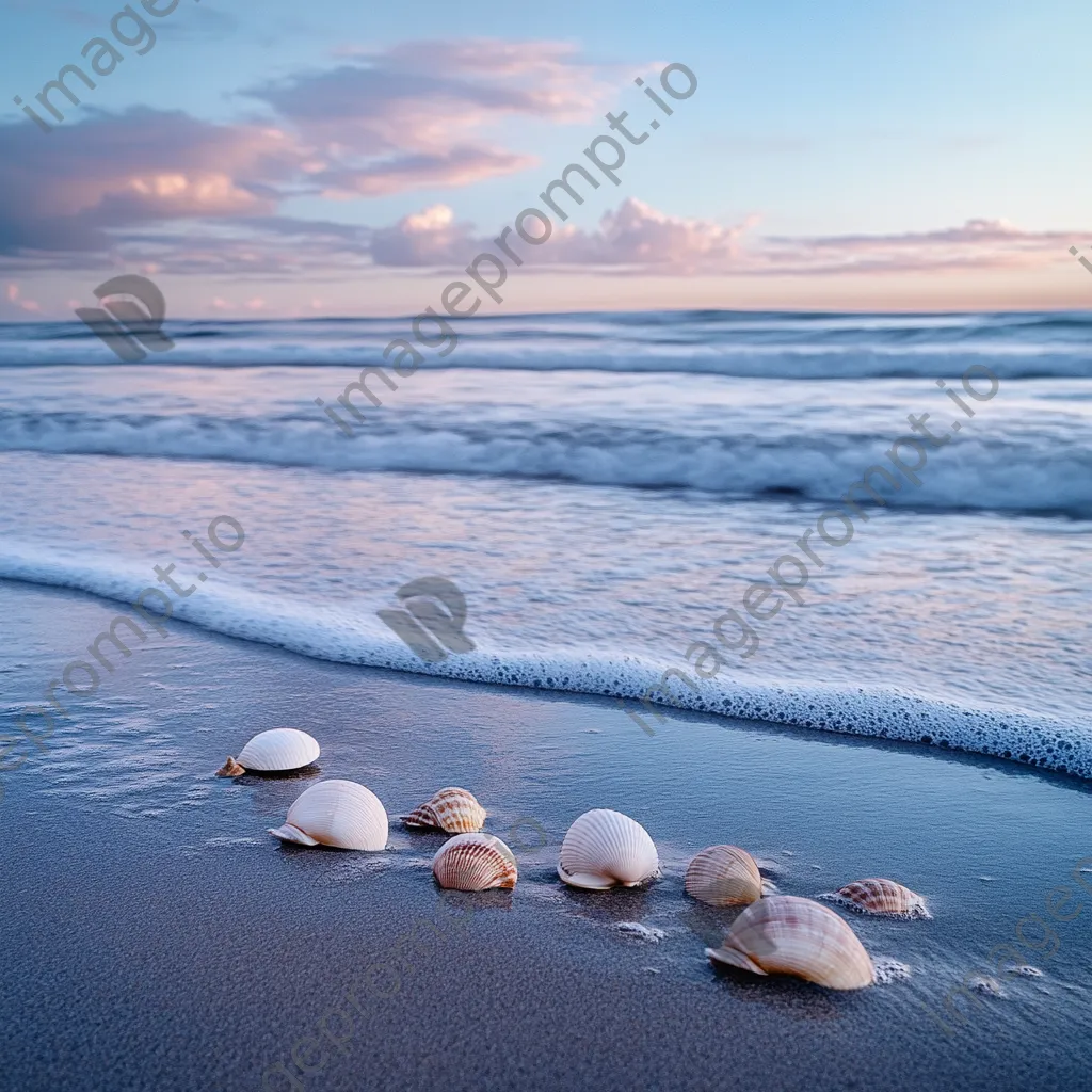 Peaceful beach scene at dawn with soft pastel skies, gentle waves, and seashells on the wet sand. - Image 3