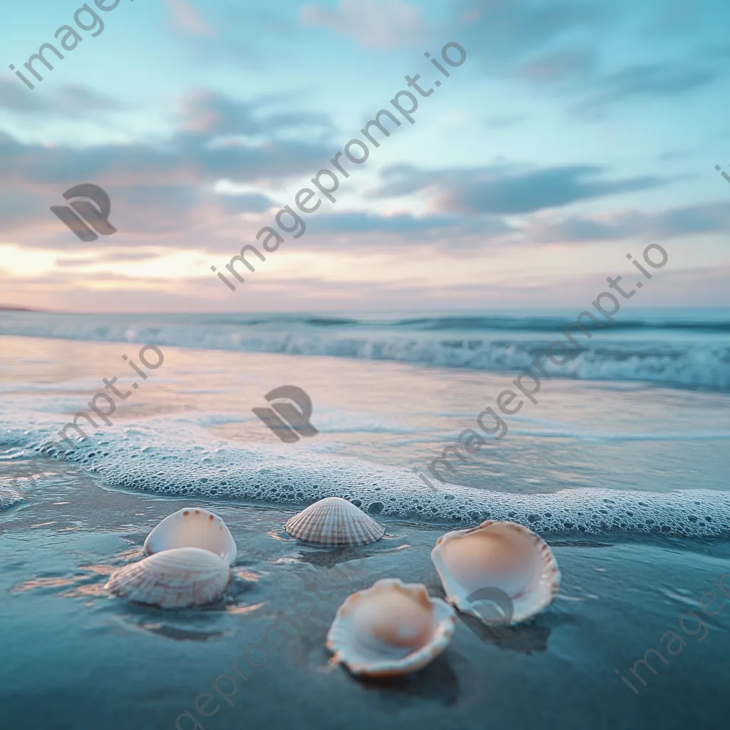 Peaceful beach scene at dawn with soft pastel skies, gentle waves, and seashells on the wet sand. - Image 4