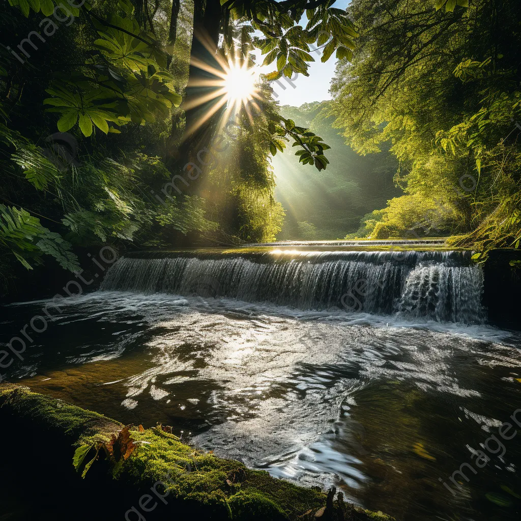 Traditional river weir surrounded by greenery under sunlight - Image 1