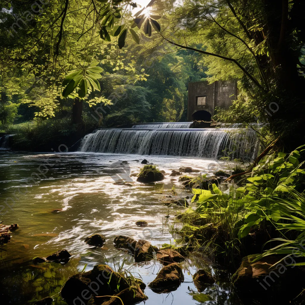 Traditional river weir surrounded by greenery under sunlight - Image 2