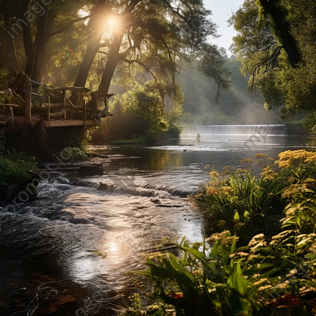 Traditional river weir surrounded by greenery under sunlight - Image 4