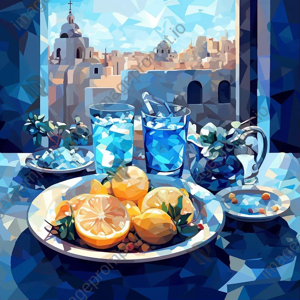 Sumptuous Greek mezze in low poly art, influenced by Byzantine mosaics - Image 1