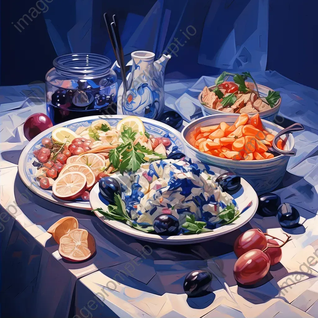 Sumptuous Greek mezze in low poly art, influenced by Byzantine mosaics - Image 2