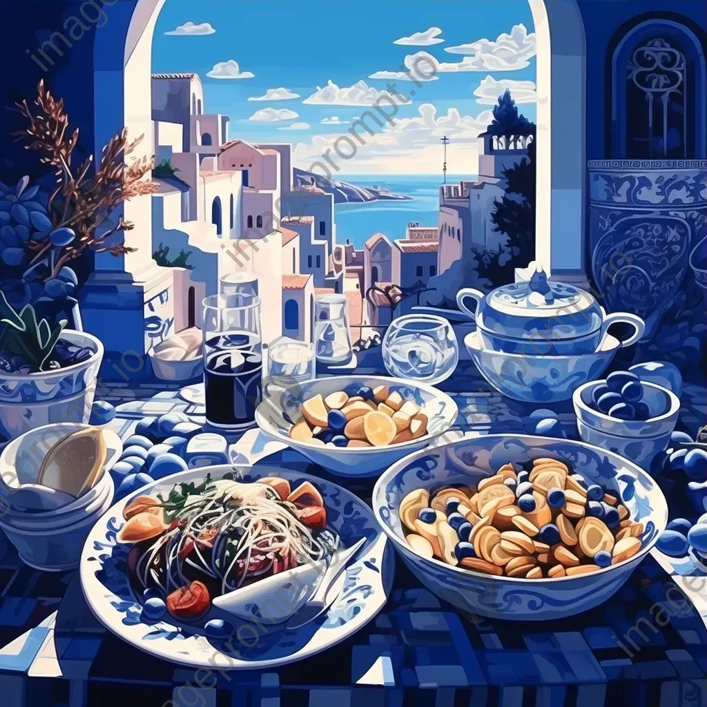 Sumptuous Greek mezze in low poly art, influenced by Byzantine mosaics - Image 3