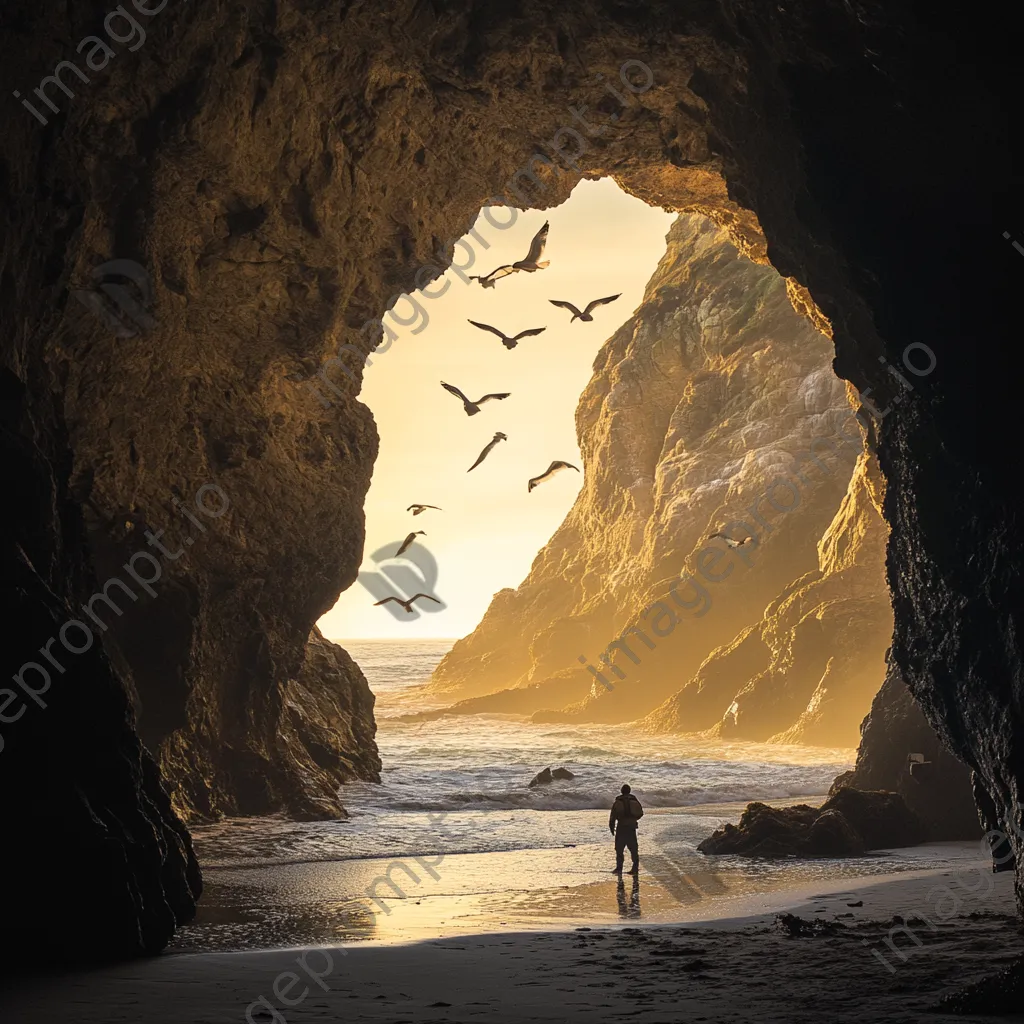 Explorer in a coastal cave during golden hour - Image 1