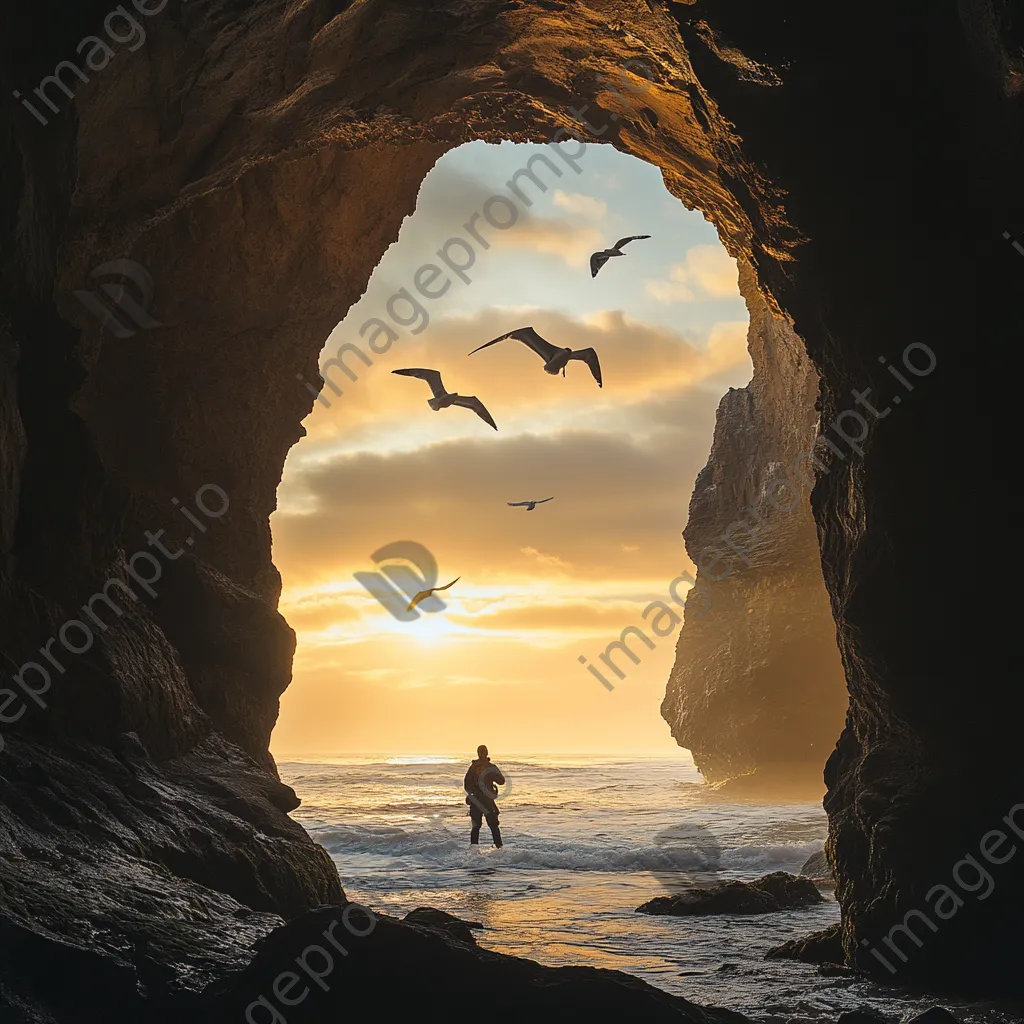 Explorer in a coastal cave during golden hour - Image 2