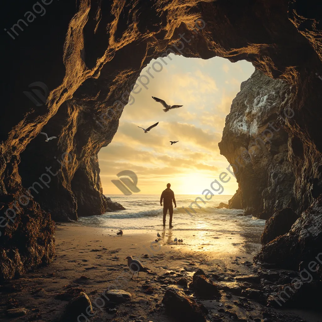 Explorer in a coastal cave during golden hour - Image 3