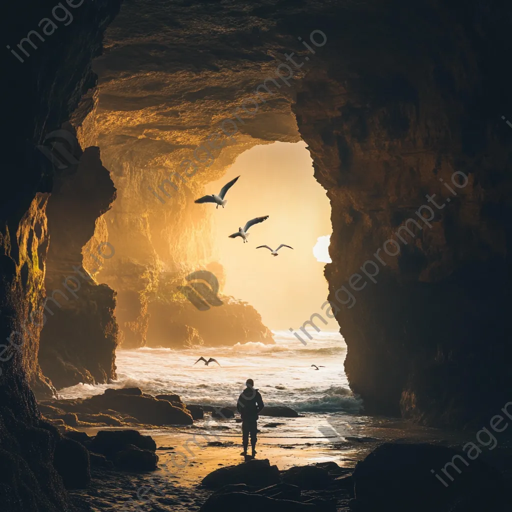 Explorer in a coastal cave during golden hour - Image 4