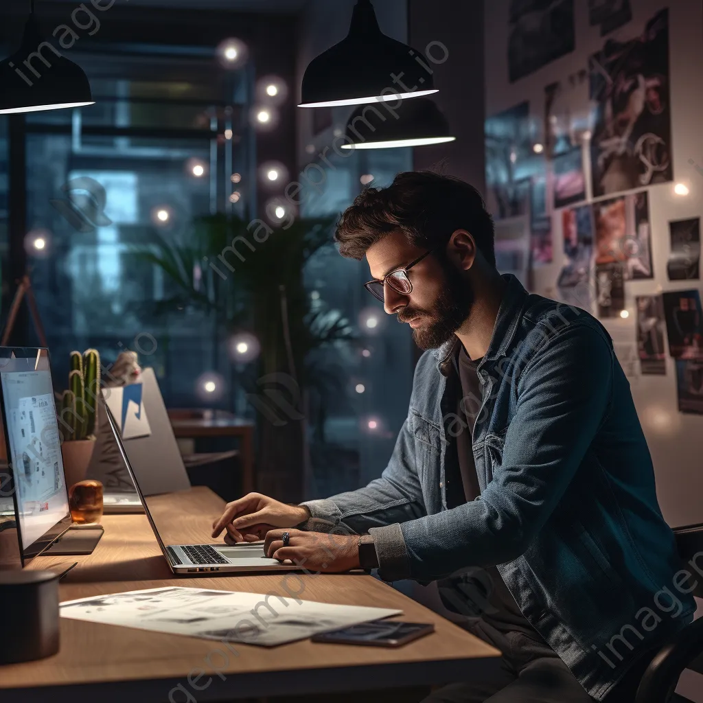 A graphic designer working on multiple screens with design drafts in a studio. - Image 1