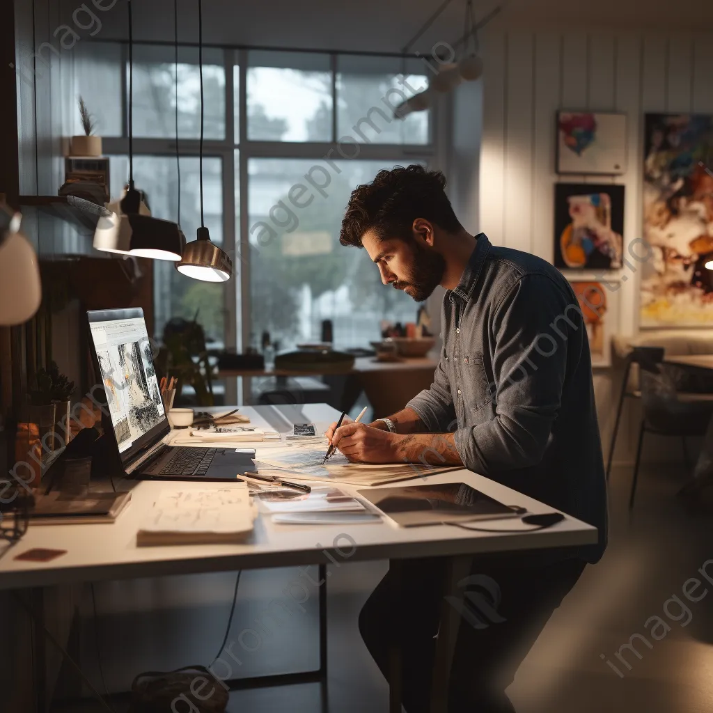 A graphic designer working on multiple screens with design drafts in a studio. - Image 2