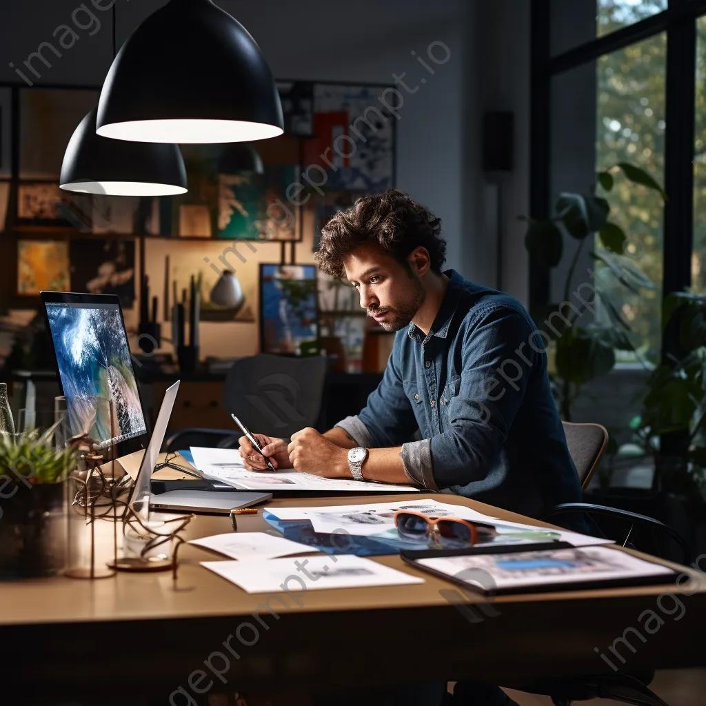 A graphic designer working on multiple screens with design drafts in a studio. - Image 3