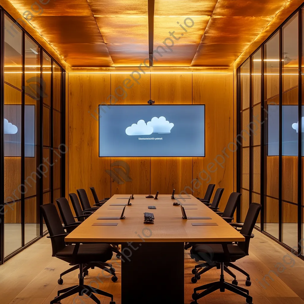 Meeting room with digital displays on cloud computing concepts and warm decor. - Image 1